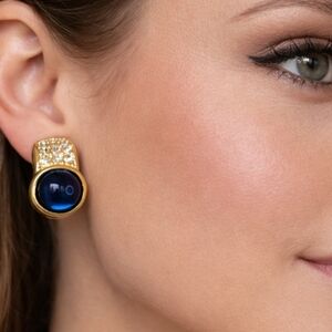 Joan Rivers Blue Cabochon Rhinestone Clip On Earrings Gold